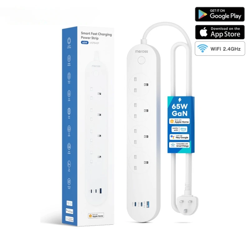 

Meross HomeKit Smart Fast Charging Power Strip with 4 Sockets and USB-A/C Port 65W UK version Support Alexa Google Assistant