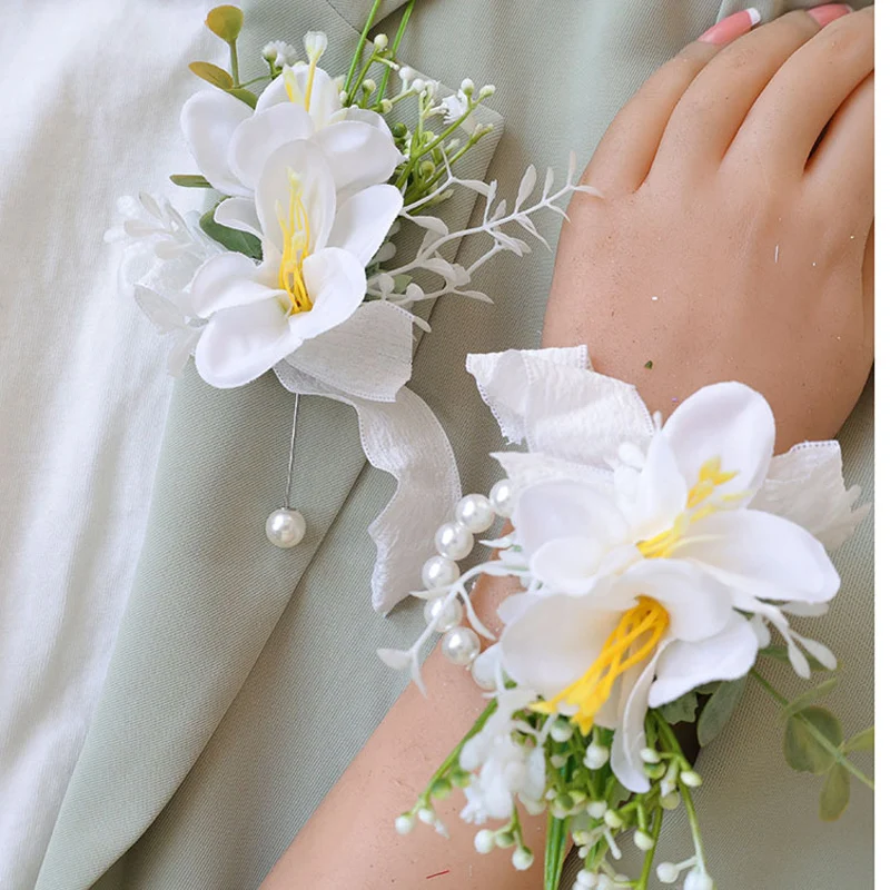 

25029 White Bohemian Rose Flower Boutonniere and Wrist Corsage Perfect for Brides Groomsmen and Wedding Decorations