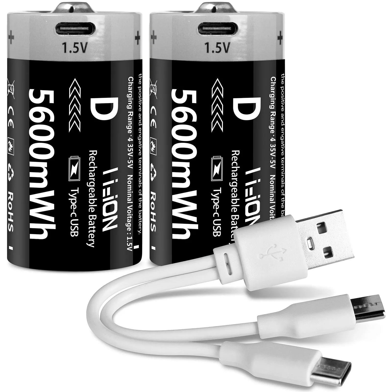Kuugro USB D Size Rechargeable Battery 1.5V 5600mW LR20 Lithium-ion D-Cell Battery for Gas Cooker Water Heater Flashlight Radios