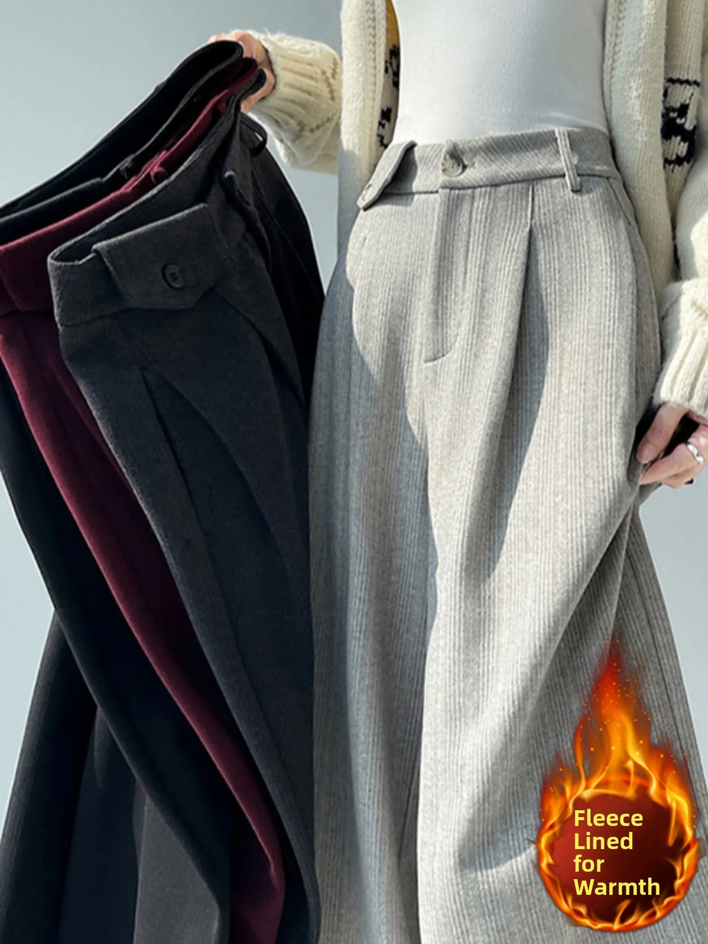 High Waist ey Wheat Spike Stripe Woolen Suit Pants Women's Autumn Winter High Faion Straight Wide Leg Pants Long Trousers