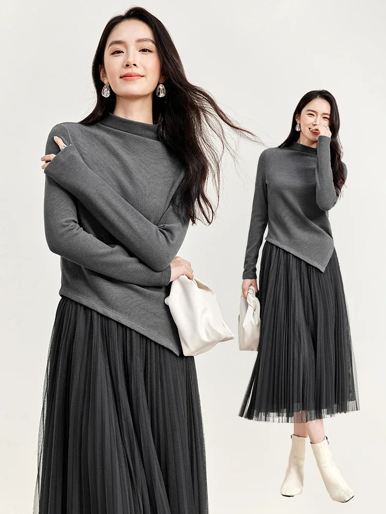 SENTUBILA Two Piece Set for Women 2024 Winter Cotton Irregular Tops Mesh Gauze Pleasted Long Skirt Female Dress Sets 144Z57557