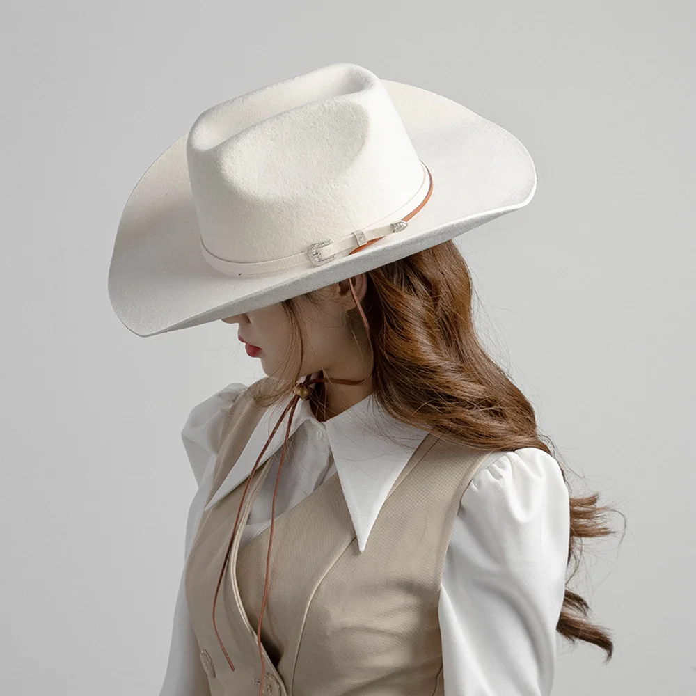 Fashionable Casual Belt PU Leather Strap Wide Brim Wool Felt Cowboy Hat Outdoor Warm Hat Trendy