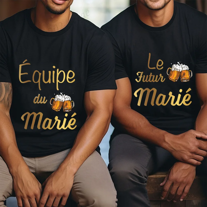 EVG فريق المستقبل العريس رجل فرقة القمم البيرة الجرافيك تي شيرت الزفاف تيز الفرنسية صديقها البكالوريوس واحد وداع حفلة تي شيرت