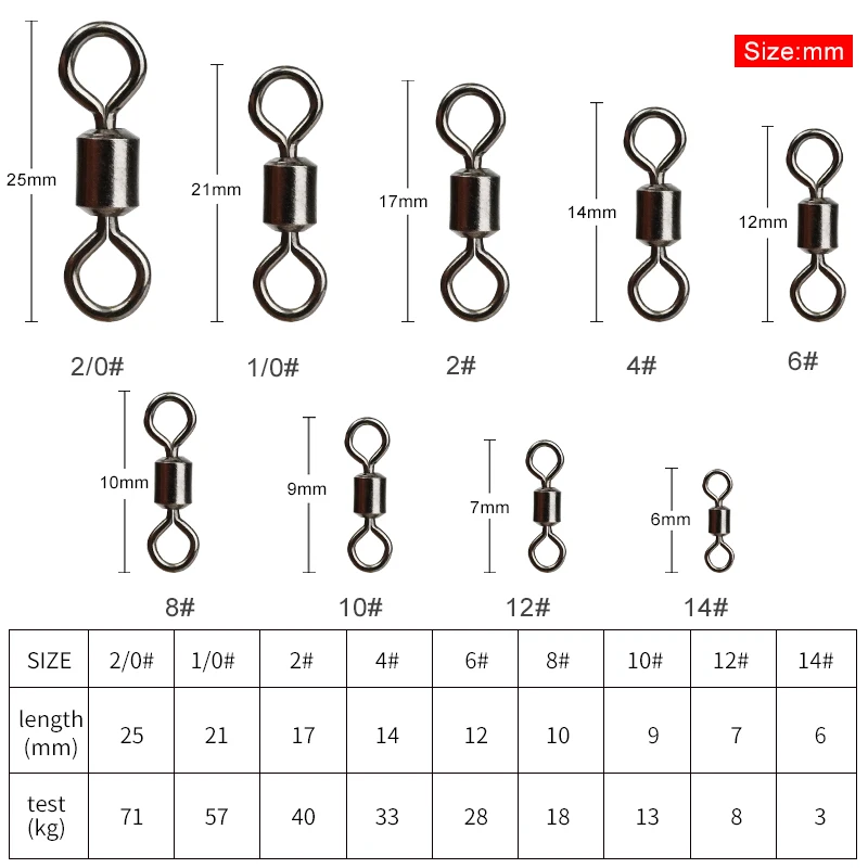 MEREDITH 50PCS/Lot риболовен вирбел Размери Плътен конектор Сачмени лагери Плъзгащи риболовни вирбели Навиващи се мъниста от неръждаема стомана