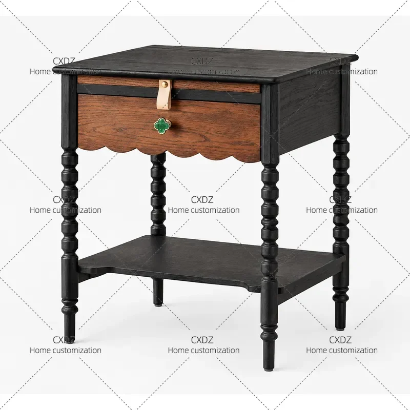 American Light Luxury Solid Wood Bedside Table Bedroom Nightstand with Two Color Drawers French Retro Style Storage Cabinet