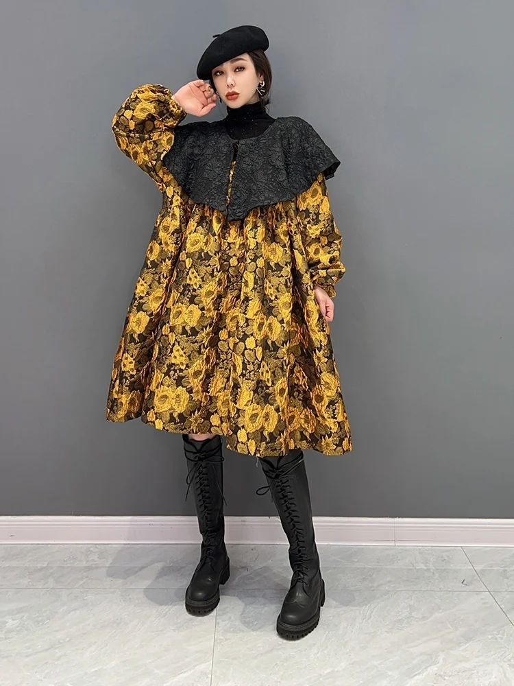 Vefadisa 2024 Autumn New Red Vintage Printed Women Dress Peter Pan Collar Lantern Sleeve Loose Cute Mid-length Dress ZXY764A