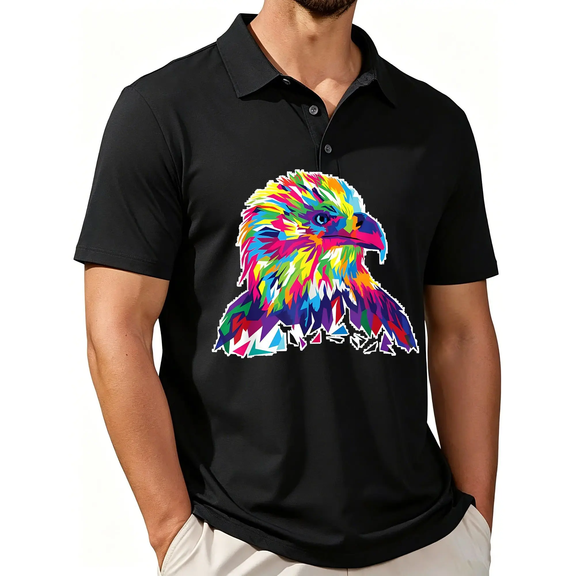 Men's Printed Short-Sleeved Polo Shirt with Eagle Head Print, Stylish and Casual Fit, Breathable Fabric, Suitable for All Seasons.