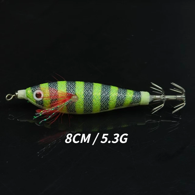 5 Stück UV-Leuchtende Tintenfisch-Köder Egi-Köder Gestreifter Hartköder Realistisches Auge Rote Feder Scharfer Schirmhaken für Salzwasser-Tintenfische – Detail 2