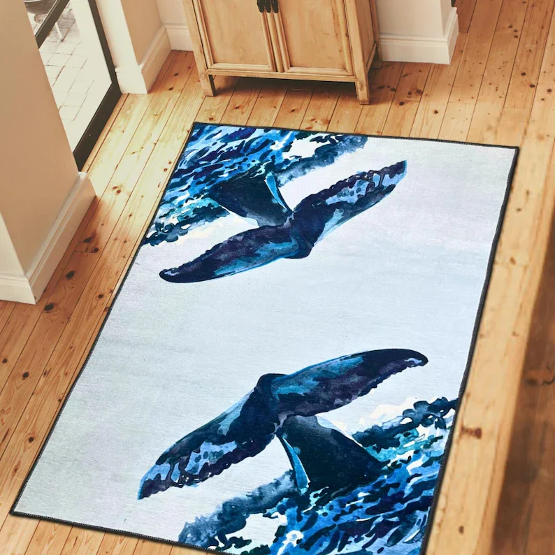 Blue Whale Tail Carpet Blue Watercolor Carpet Ocean Series Carpet Whale Shark Turtle Carpet Door Mat Ocean Enthusiast Gift Rug