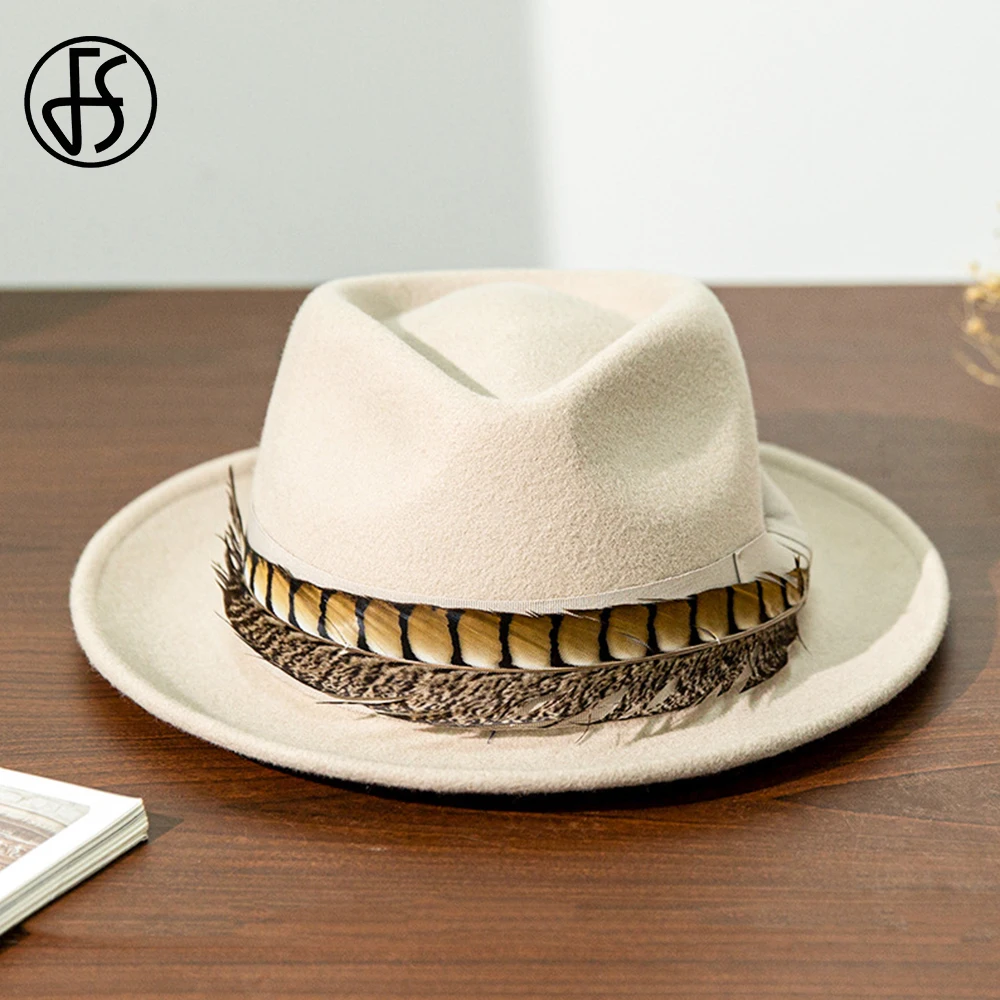 FS Vintage Wool Felt Fedoras Black Cowboy Hats For Men Feather Beige Jazz Panama Hat Coffee Gentleman Gangster Cap Winter