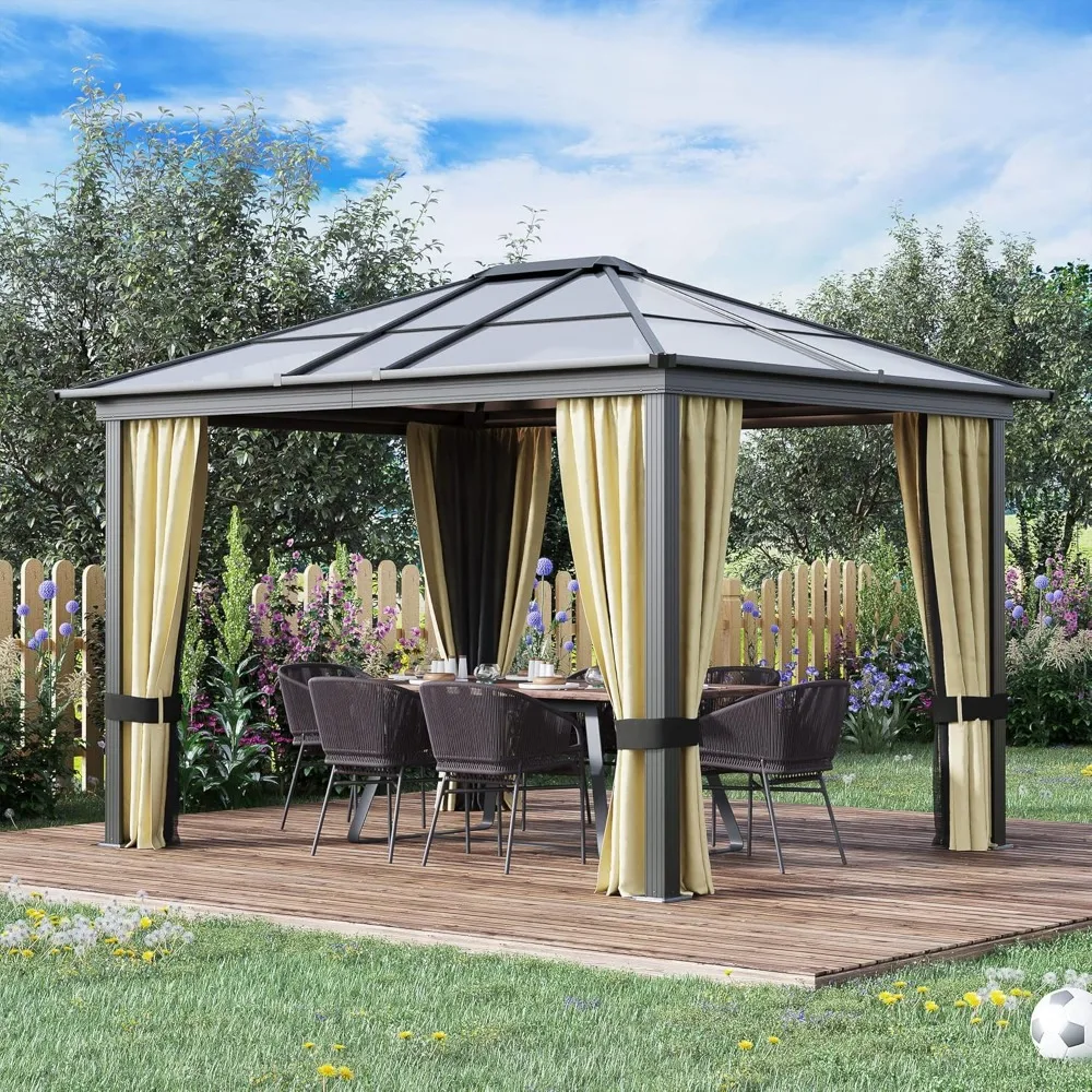 

Hardtop Gazebo Canopy with Polycarbonate Roof, Aluminum Frame, Permanent Pavilion Outdoor Gazebo with Netting