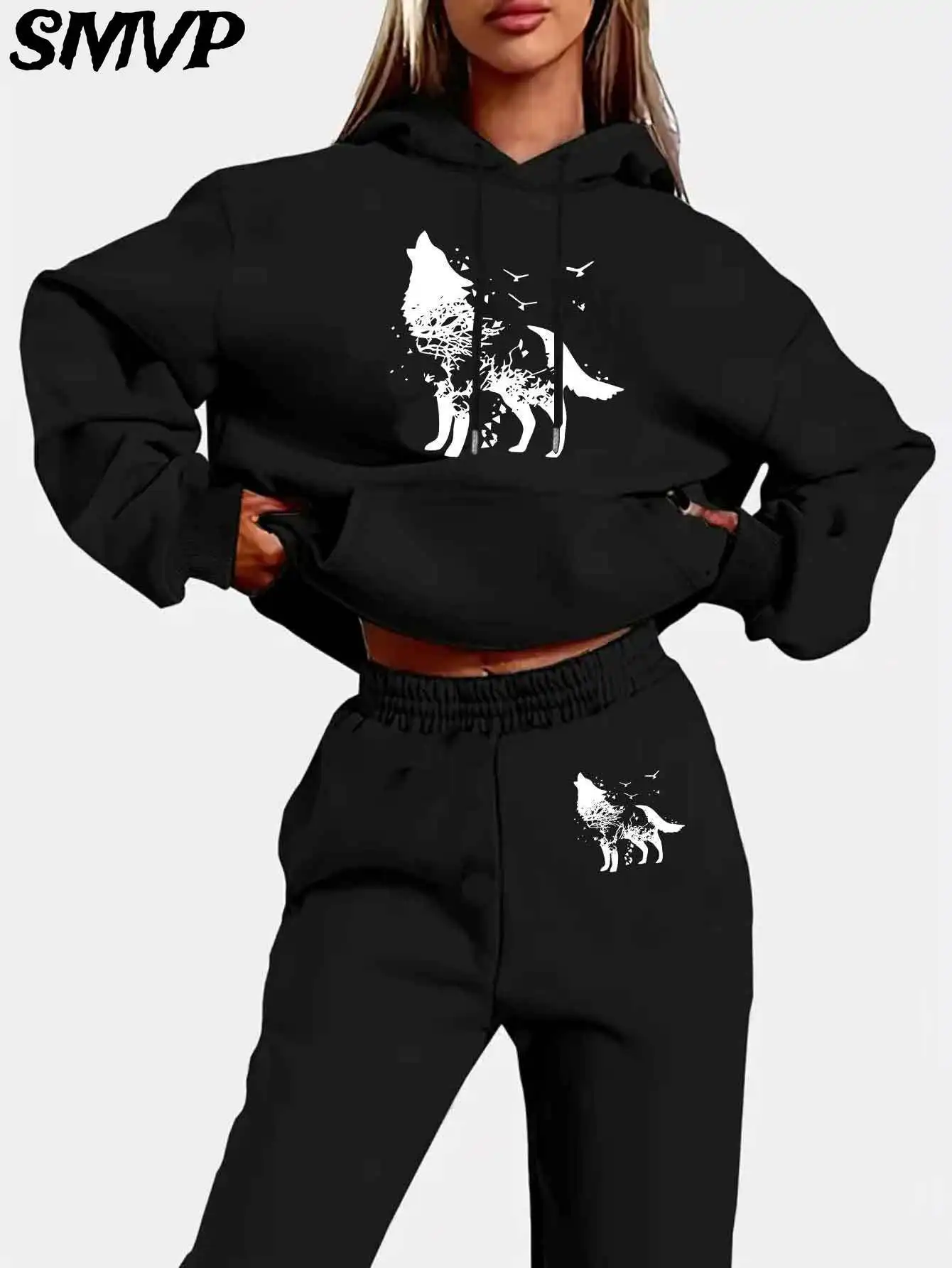 SMVP النساء الفتيات القطن هوديي مجموعة أبيض أسود الذئب والطيور طباعة قطعتين الزي عارضة المتسكعون الأم ابنة