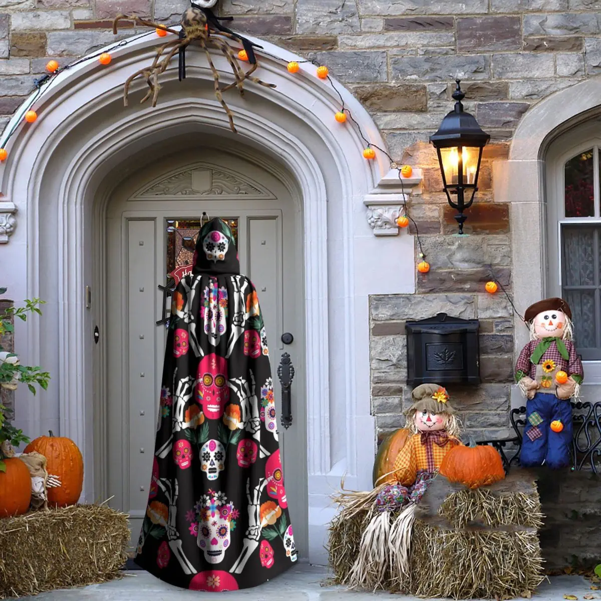 Capa larga con capucha de calaveras y flores de azúcar mexicanos, disfraz Medieval de bruja, capa de Cosplay para Halloween, vampiro, adulto, Unisex