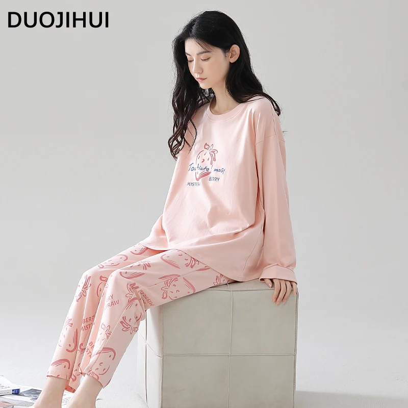 Duojihui Pure Kleur Chique Print Zoete Pyjama 'S Voor Dames Herfst Basic Pullover Los Eenvoudige Broek Mode Dames Pyjama Set