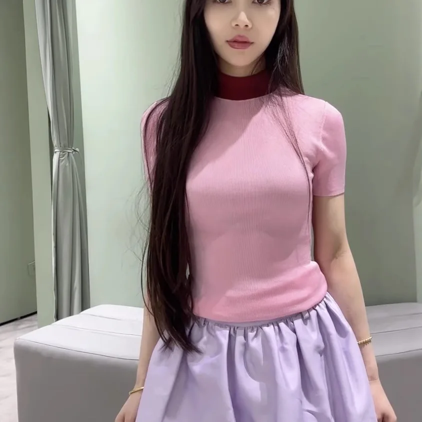 Top da donna slim fit a maniche lunghe in maglione lavorato a maglia dolcevita rosa 2025 da donna