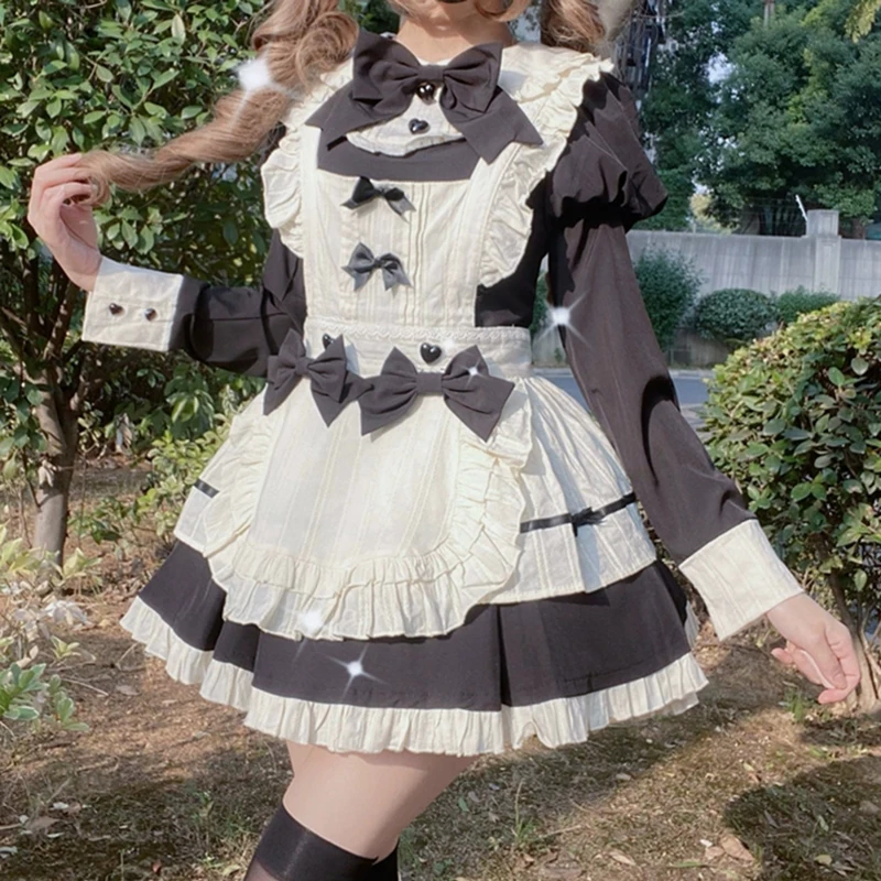 RORORIRI-vestido de princesa con lazo Kawaii para mujer, conjunto de 2 piezas de manga larga, falda envolvente de dos tonos, minivestido superpuesto, ropa de otoño Lolita