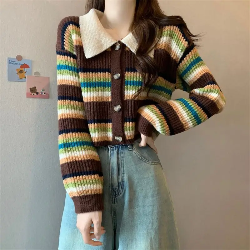 Color Blocking Striped Sweater Knitted Women\'s Autumn Winter 2024 New Style Outerwear Pullover Collar Short Base Cardigan Top