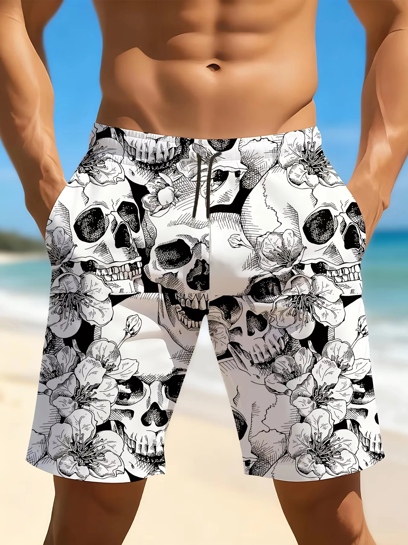 

2026 New Black White Skull Flower Quick Dry Beach Shorts Men's Quick Drying Shorts Are Suitable For