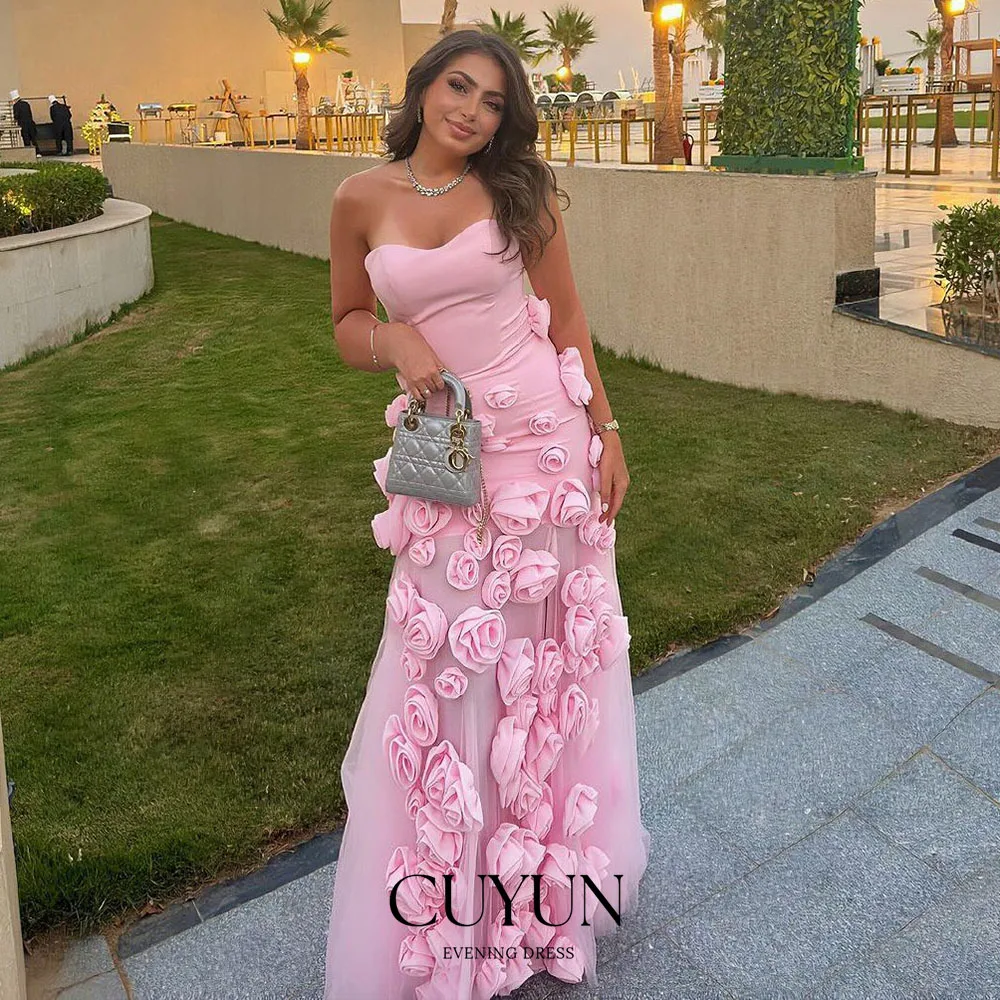 CUYUN Розовые 3D цветы Длинные платья для выпускного вечера Роскошное вечернее платье без бретелек с разрезом Вечернее платье по индивидуальному заказу для особых случаев