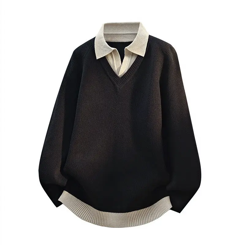 2025 Autumn Winter Men Patchwork Sweater Men Warm Pullover Male Polo Collar Knitted Sweater Male Casual Black Undershirt