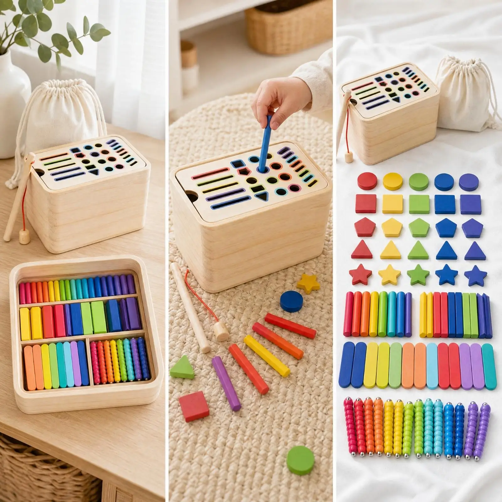 Sorting and Matching Box with Fishing Rod Multifunctional Wooden Sorting Toy Box Educational Shape Matching Toy for Young