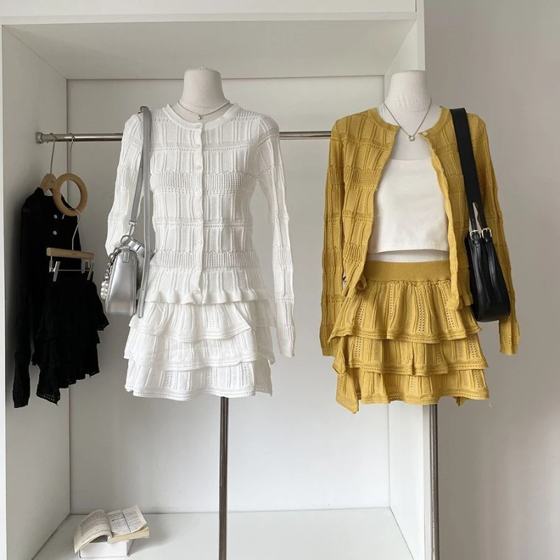 

Spring new gentle style two-piece set women solid color round neck long sleeved cardigan+high waist slim fit cake short skirt