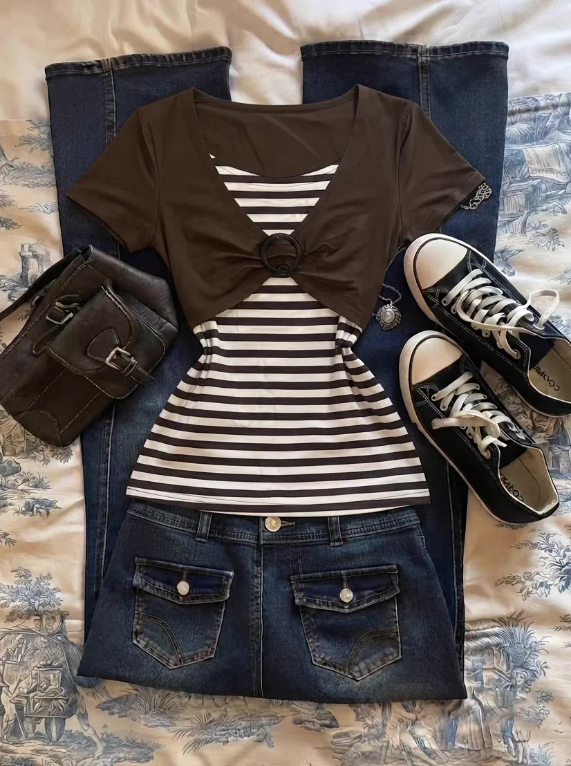 HOUZHOU Women Striped Splice Short Sleeve Tops Y2K Fake Two-piece O-ring Buckle T-shirts Female Casual Vintage Slim Fit Top