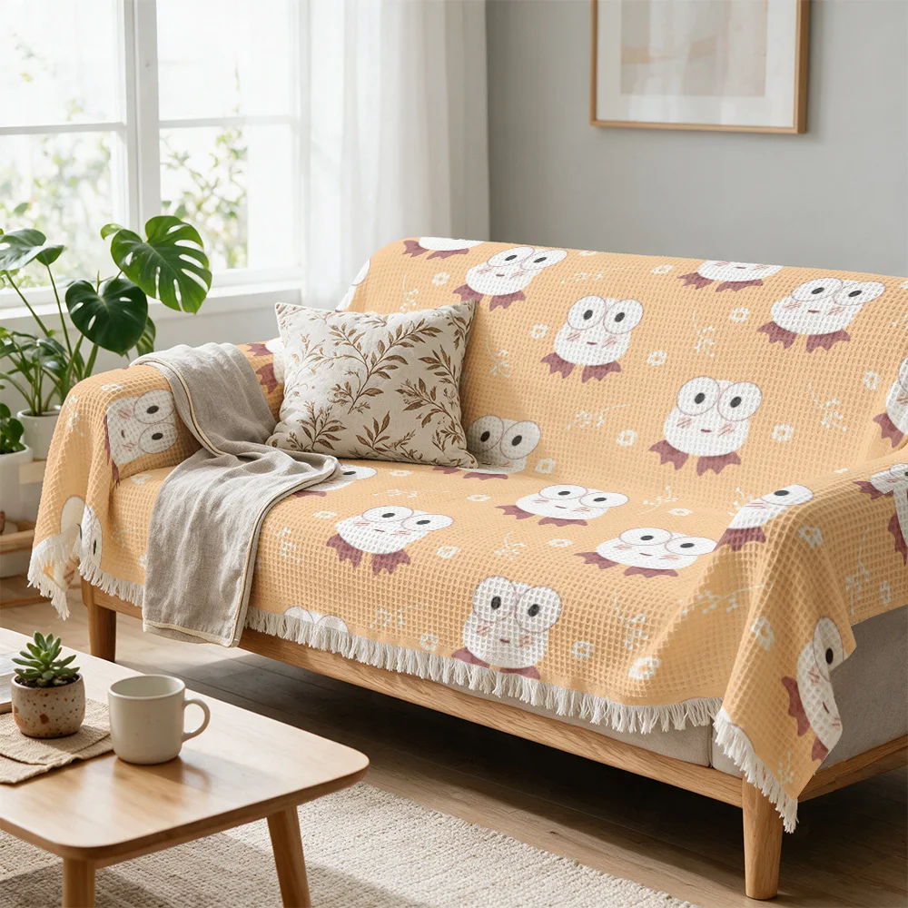 Adorable Cartoon Owl Pattern Throw Blanket Sofa Cover for Living Room Decor Yellow Floral Spring Couch Accent Cozy Throw Cushion