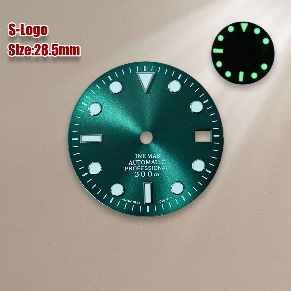 28.5mm High Quality S Logo NH35 SUB MARINE Dial Fit NH36/4R/7S Movement Green Luminous Watch Modification Accessories Parts