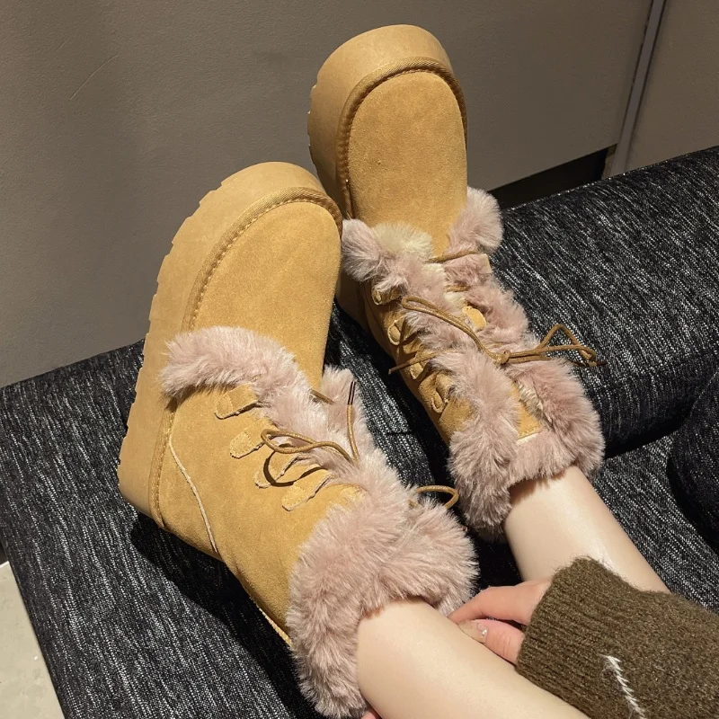 

Fur Flats Platform Woman Ankle Snow Boots Winter Warm Shoes Short Plush 2025 New Designer Casual Boots Fad Lace-up Women Botas