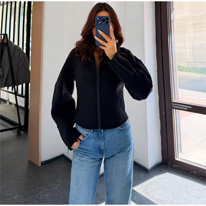 Schwarze Damen-Crop-Jacke mit Stehkragen, durchgehendem Reißverschluss, verstellbaren Manschetten und Reißverschluss, einfarbiger Mantel, 2026, lässig, für den Alltag, Herbst, Streetwear – Detail 8