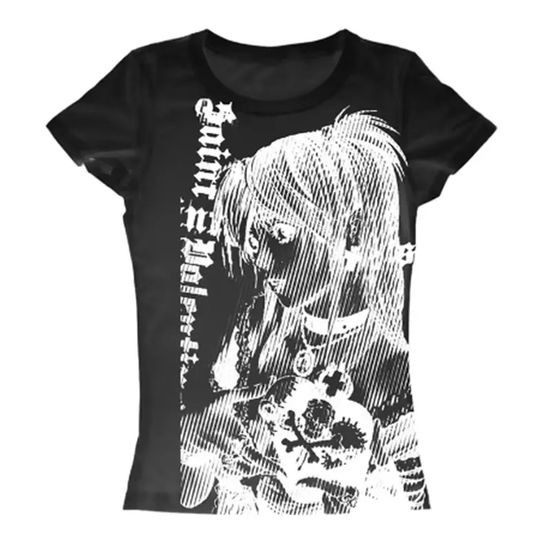 Y2k anime Streetwear o-collo anni \'90 stampa di testo top donna Harajuku vestiti semplice Vintage Crop Tee estetica emo Casual t-shirt