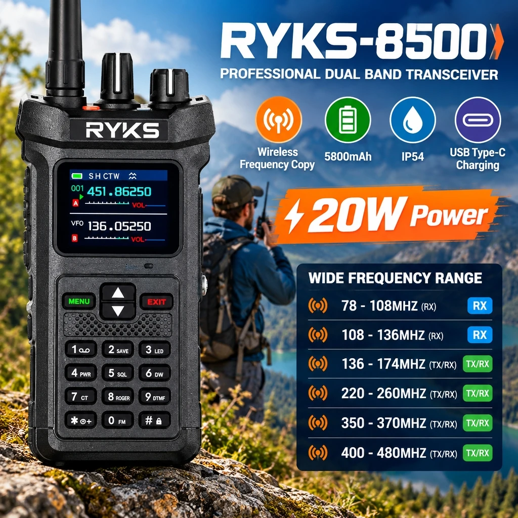 20W High Power Dual Band VHF UHF Walkie Talkie Wireless Frequency Copy 5800mAh Large Capacity Battery VOX Two Way Radio