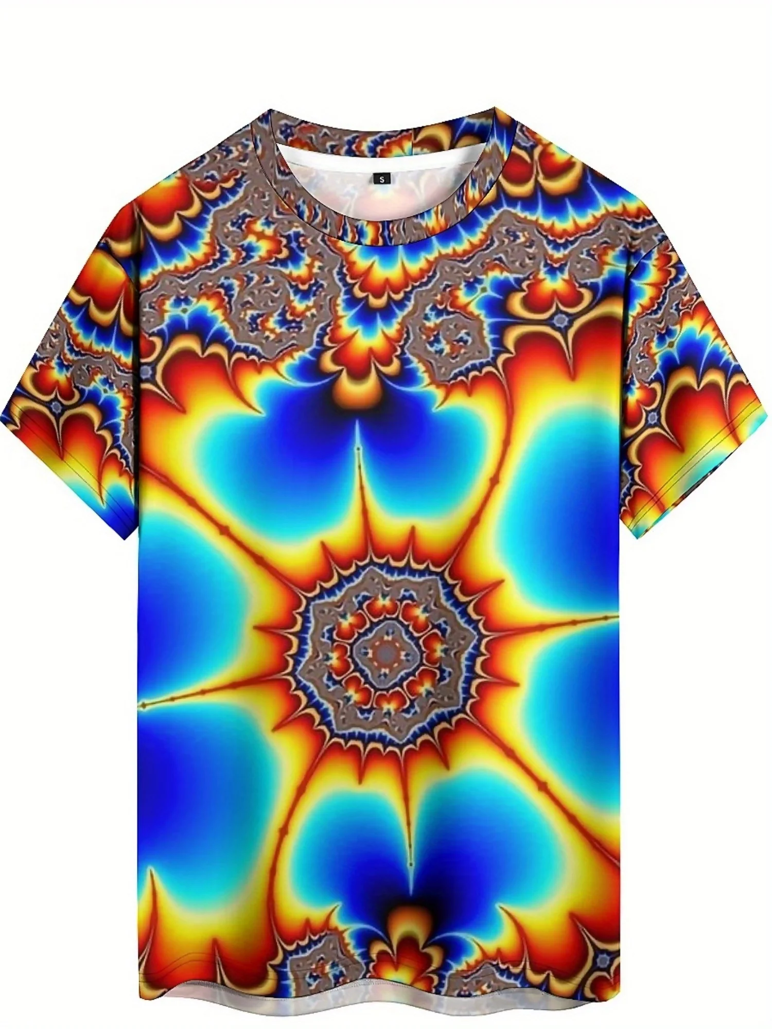 남성용 생기 넘치는 타이 염색 반소매 티셔츠 3D 기하학 프린트, 라운드 넥, 가볍고 통기성이 뛰어나 모든 계절에 적합