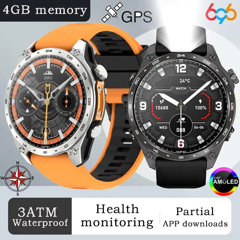 

Men AMOLED Smart Watch GPS Sports App Download 4GB Memory Offline Map Waterproof MP3 MP4 LED Lighting Blue Tooth Smartwatch