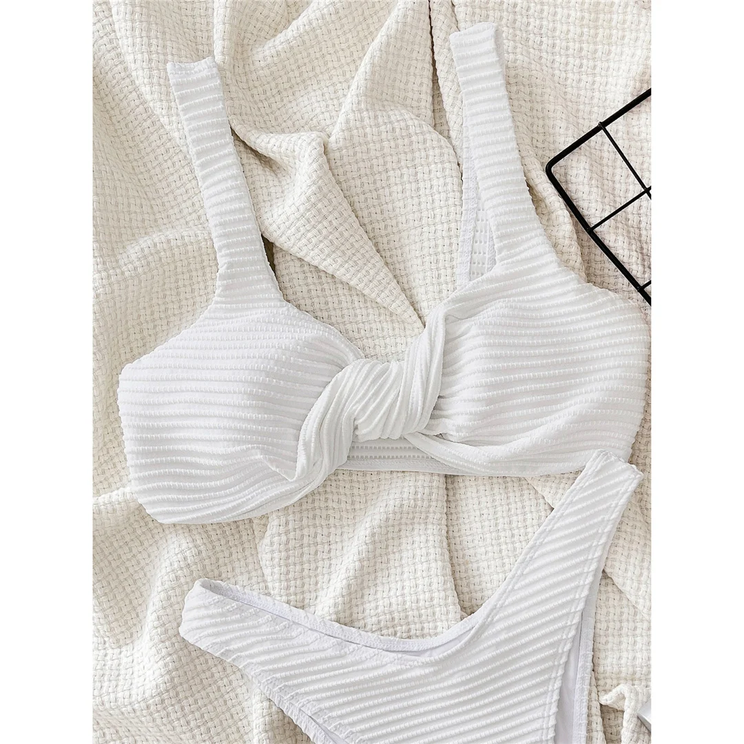 Gerippter, geknoteter, brasilianischer Bikini mit hohem Beinausschnitt, Damen-Badeanzug, zweiteiliges Bikini-Set, Badebekleidung, Badeanzug, Schwimmanzug V5845 – Detail 11