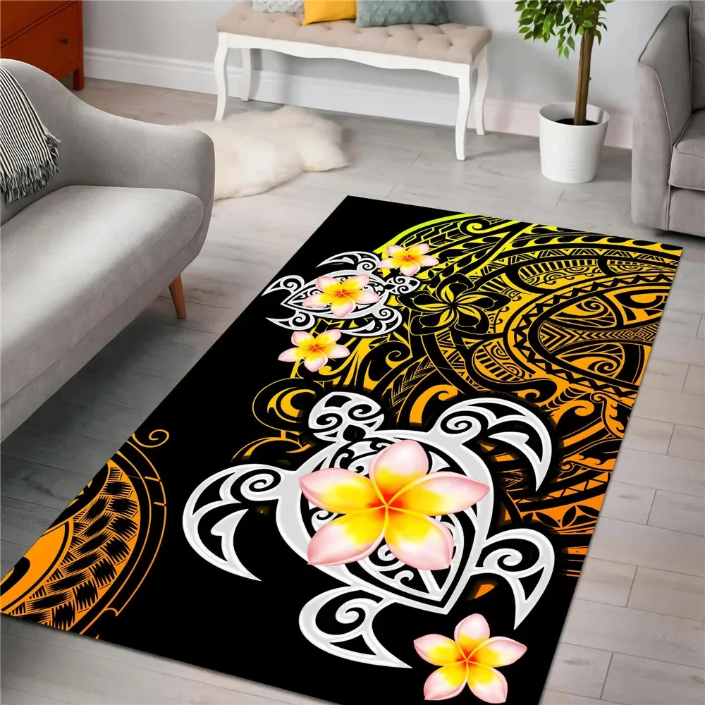 

Polynesian Carpets Flannel 3D Graphic Frangipani Sea Turtle Tattoo Floor Rugs Carpet for Living Room Area Rug Kitchen Mat