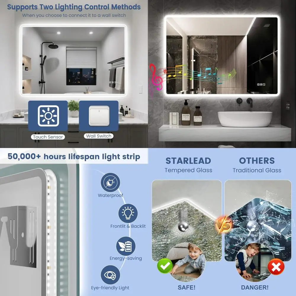 

Зеркало для ванной с LED-подсветкой 24x32 дюйма, Bluetooth, сенсорным управлением, 3 цветовыми режимами, функцией антизапотевания, настенное, для туалетного столика