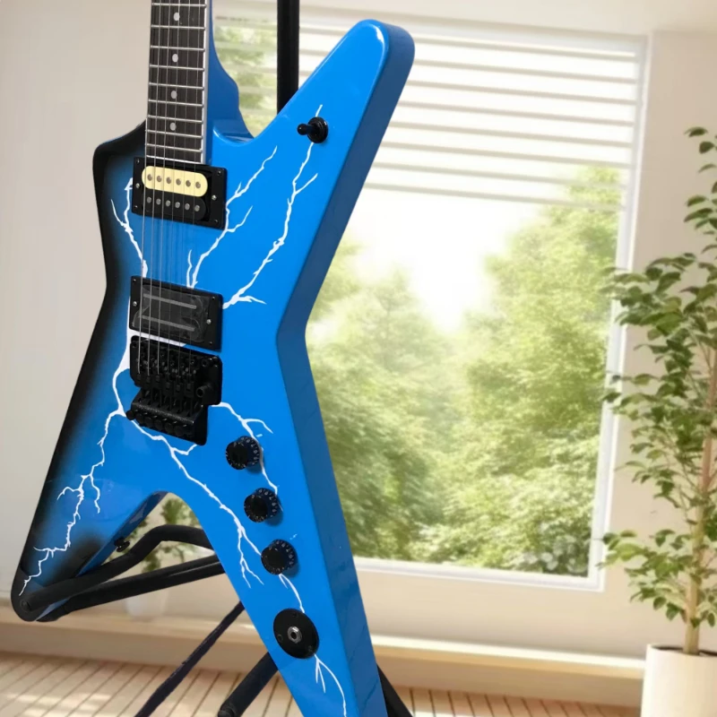 Blue Lightning V Style Electric Guitar HH Pickups Mahogany Body Rosewood Neck Surf Rock Indie Free Delivery