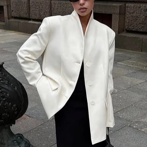 

Elegant Long Sleeve Stand Collar Waist-Cinching Suit Jacket For Women Design Sensation Versatile Autumn Outerwear