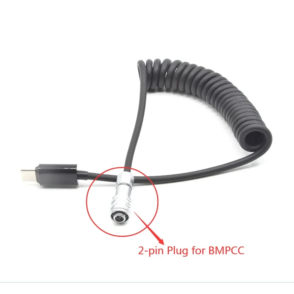 PD 12V USB Type C Spring Power Cable to 2 Pin Plug for BMPCC Blackmagic Pocket Cinema Camera 4K 6K Photography