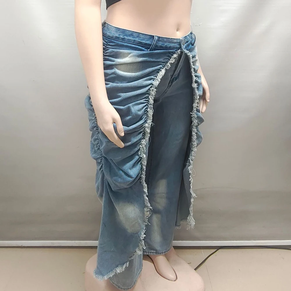 Coole Streetwear 2026 Trendige Lässige Gewaschene Hosen Jeans Damen Denim Rüschen Geraffte Drapierte Cargo-Hosen Einfarbige Damenjeans – Detail 7