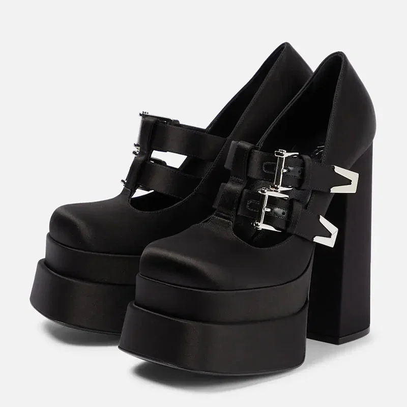 Black Sexy Pumps Square Toe Chunky Heel Buckle Strap Metal Buckle Button Super High Heels Modern Show Platform Summer Women Shoe