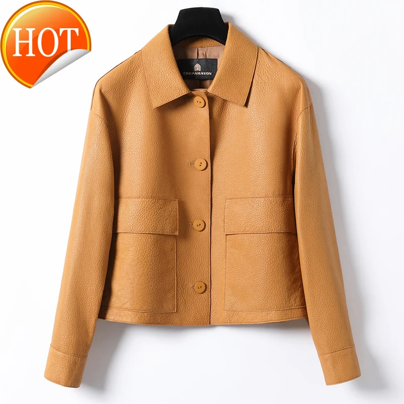 Autumn 2020 new leather jacket women's sheep leather loose fit fashion short leather square collar