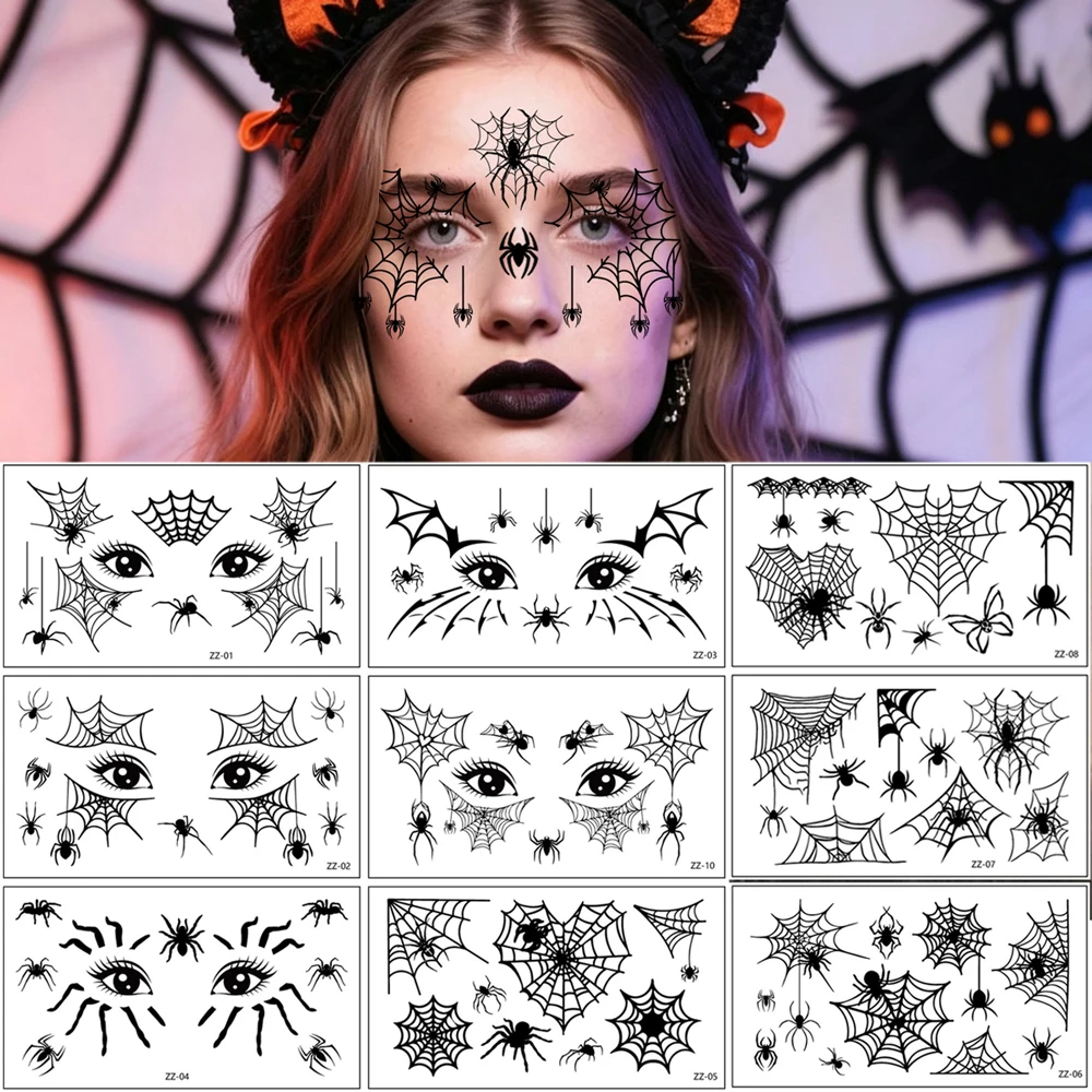 10pcs Spider Tattoo Stickers Spider Web Fake Tattoo For Face Eyebrow Makeup Halloween Party Temporary Tattoos Cosplay Body Decor