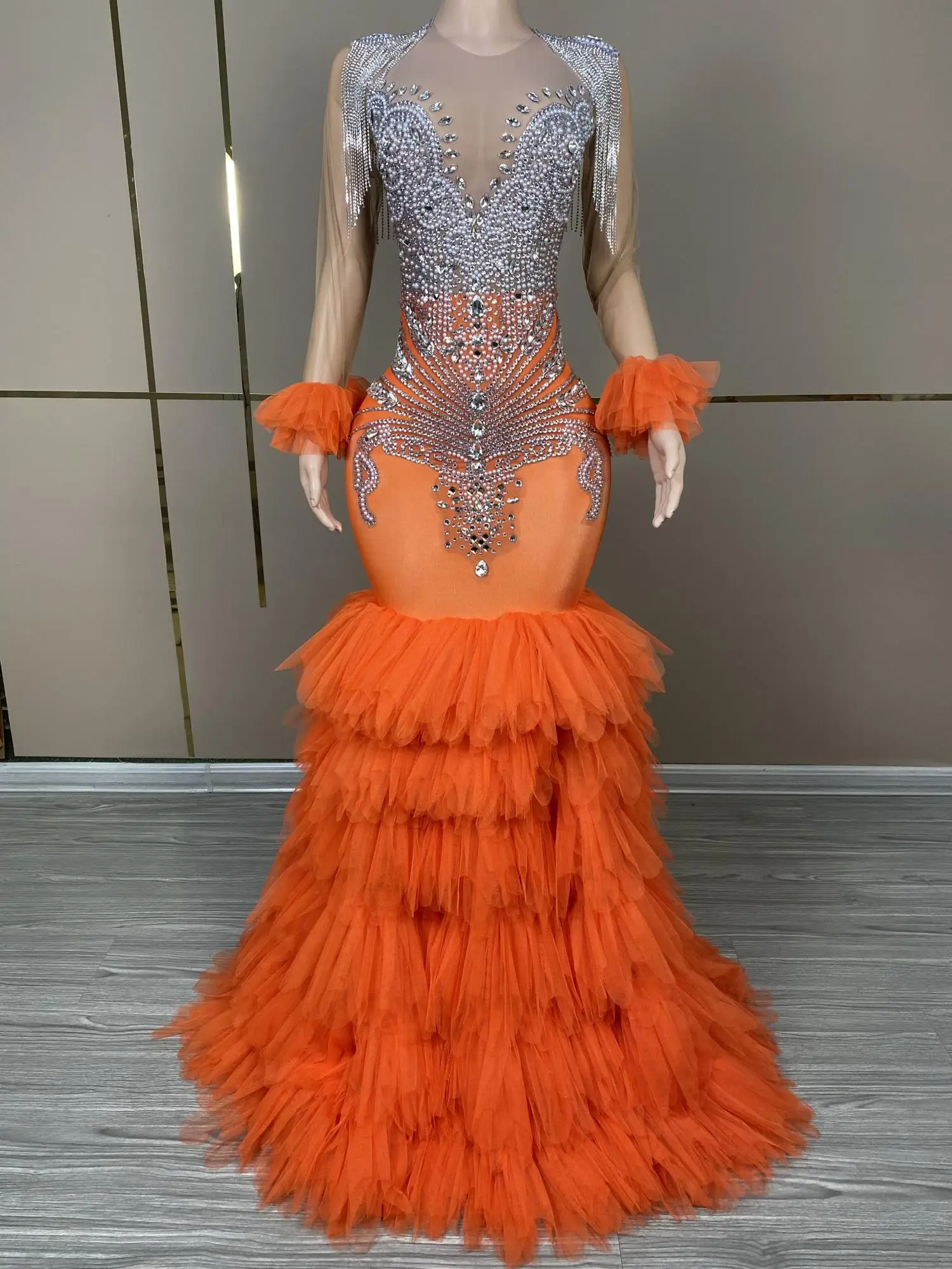 New Trending Wedding Dress 2024 Orange Prom Dress Fashion Diamond Women Clothing Party Club Rhinestone Bodycon Dress Stage Gowns