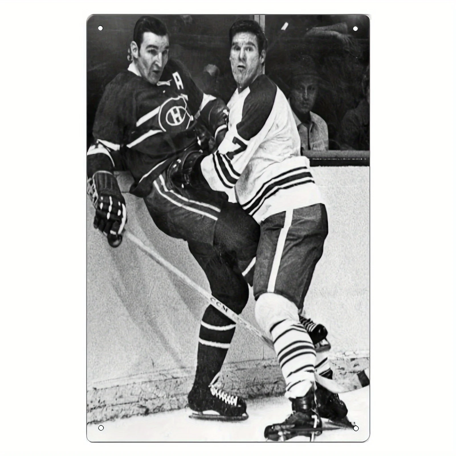 Vintage Hockey Action Metal Tin Sign - Retro Black & White Players Fighting for Puck Heavy-Duty Iron Poster