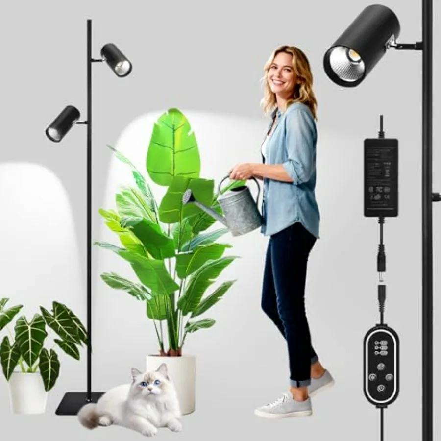 

60W диммируемый светильник для растений, дневной свет, полный спектр, COB LED, напольная лампа с двумя головками, высокий PPF и CRI, таймер на 6/8/12 часов, регулируемая высота, 3 режима.