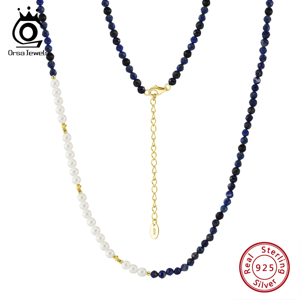 

ORSA JEWELS 14K Gold 925 Sterling Silver Lapis Lazuli Necklace with Shell Pearl for Women Girls Wedding Party Jewelry GMN53