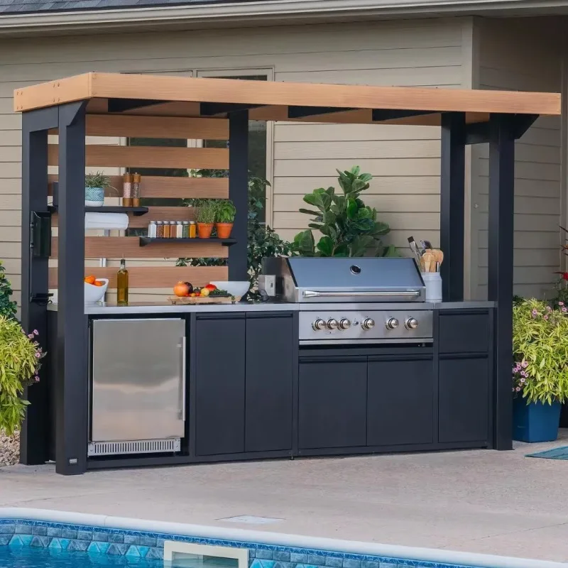 Outdoor Kitchen Poolside Customized Modern Heavy-Duty All-in-One Aluminum Chrome Plated 8-Burner Embedded Grill Deep Fryer
